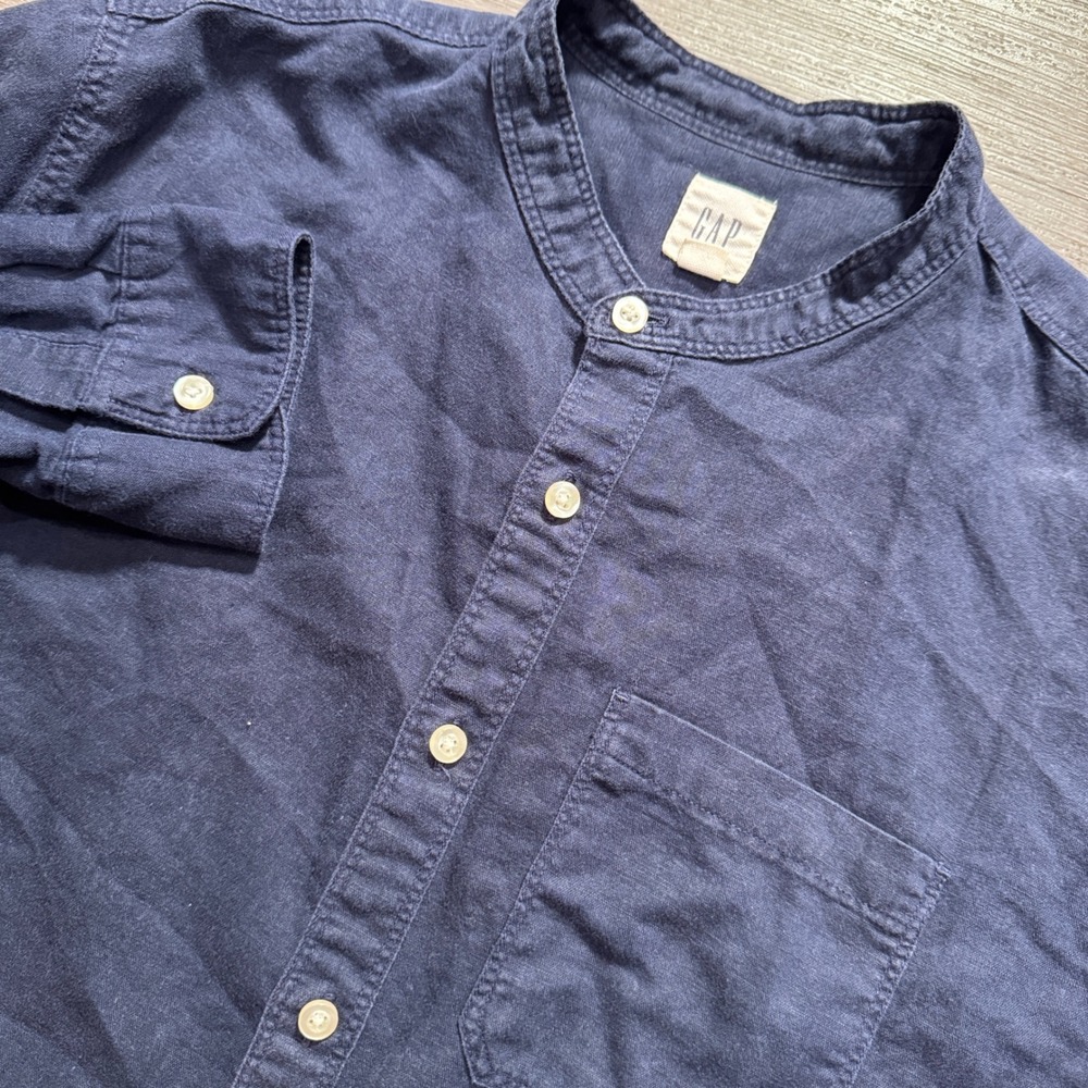 Gap Shirt Mens M Navy Blue Linen Cotton Band Collar Grandad Casual Heritage